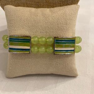 Green Blue Silver Enamel Beaded Stretch Bracelet Rectangular Panels Opaque Beads